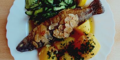 Forelle mit Mandelbutter Gurkensalat und Petersilienkartoffeln